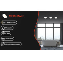Salle de bains avec baignoire îlot et trois spots encastrés au plafond. Informations sur la température de couleur, le design fin, la puissance en watts, le flux lumineux et la durée de vie.