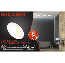 Logo Briloner. Trois spots encastrés LED dans la salle de bain, avec commutateur de température de couleur et indice de protection IP44.