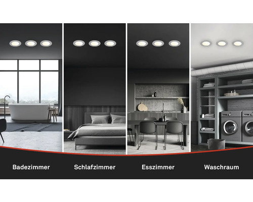 Anwendungsbeispiele für Einbaustrahler in Bad, Schlafzimmer, Esszimmer und Waschraum.