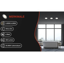 Caractéristiques d''un plafonnier de salle de bain : 3 000 Kelvins ou 4 000 Kelvins, conception ultra-plate, 4 watts, 300 lumens, durée de vie de 25 000 heures.