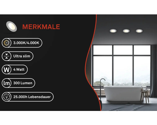 Merkmale einer Badezimmer-Deckenleuchte: 3000 Kelvin oder 4000 Kelvin, ultraflaches Design, 4 Watt, 300 Lumen, 25000 Stunden Lebensdauer.