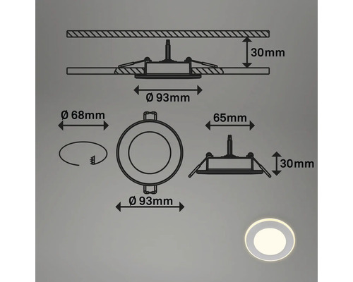 Technische Zeichnung einer runden Einbauleuchte mit Maßangaben