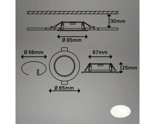 Technische Zeichnung einer Einbauleuchte mit Maßangaben