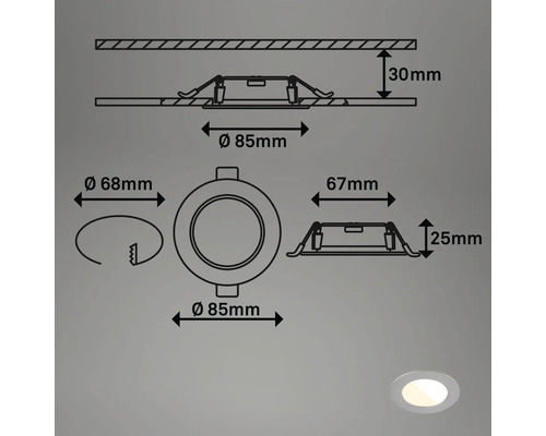 Technische Zeichnung einer runden Einbauleuchte mit Maßangaben
