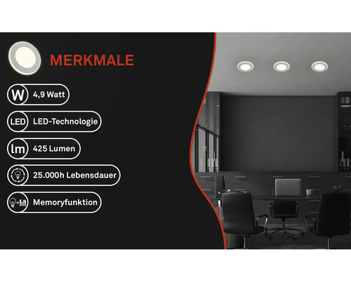 Merkmale der LED Deckenleuchte: 4,9 Watt, LED Technologie, 425 Lumen, 25000 Stunden Lebensdauer, Memoryfunktion