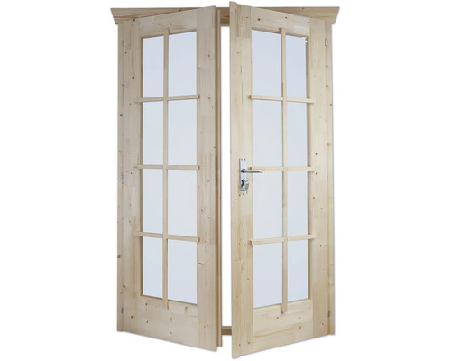 Double porte ouverte en bois avec inserts en verre