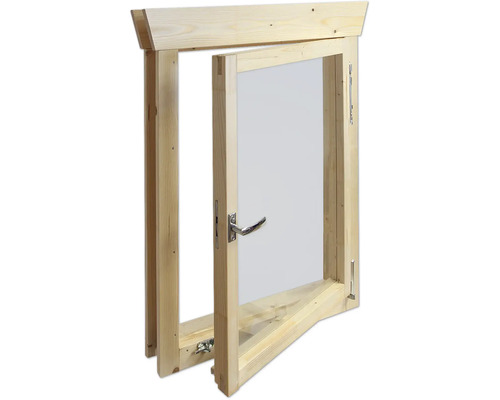 Fenêtre en bois avec vantail ouvert et poignée