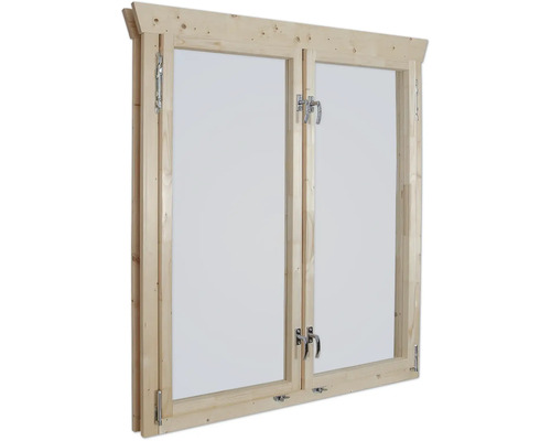 Fenêtre en bois avec deux vantaux et ferrures argentées