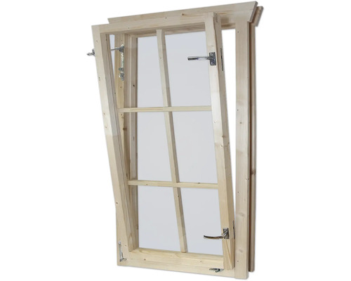 Fenêtre en bois avec vantail ouvert et ferrures métalliques