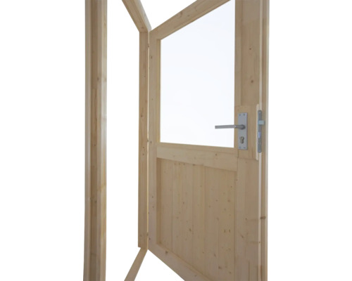 Porte en bois ouverte avec insert en verre