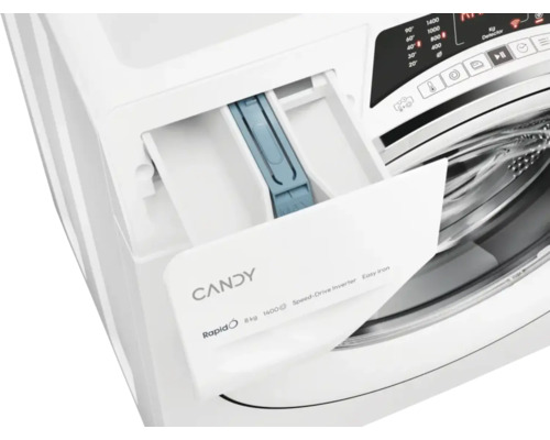 Candy Waschmaschine mit geöffnetem Waschmittelbehälter