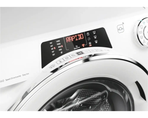 Detailansicht einer Waschmaschine mit Bedienfeld und verschiedenen Programmen