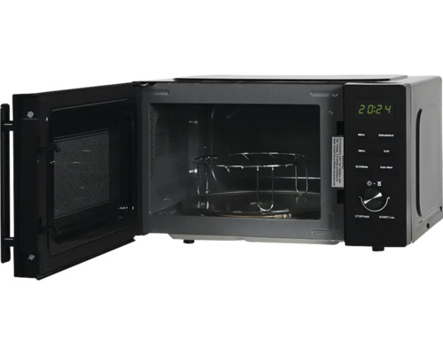 Four à micro-ondes avec porte ouverte et plateau tournant