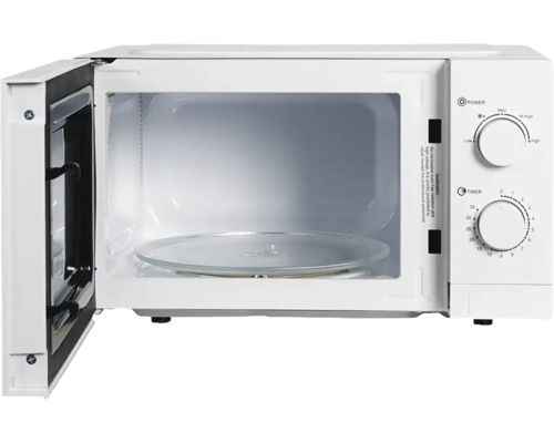 Micro-ondes blanc ouvert avec plateau tournant