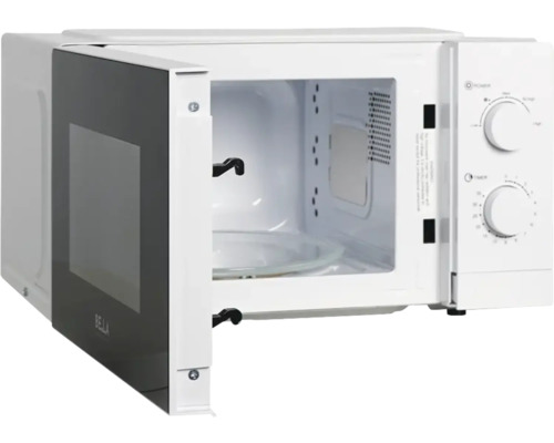 Micro-ondes avec porte ouverte et plateau tournant