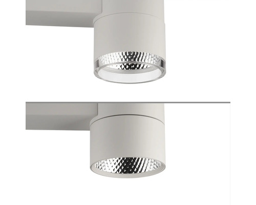 Zwei weisse LED-Schienenstrahler für die Deckenmontage.