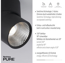 Schwarze LED Lampe mit Reflektor und technischen Details