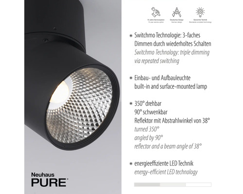 Schwarze LED Lampe mit Reflektor und technischen Details