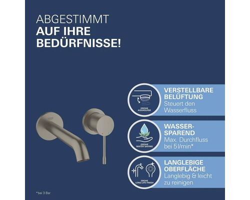 Robinet Grohe avec des caractéristiques telles que l''aération réglable, l''économie d''eau et une surface durable