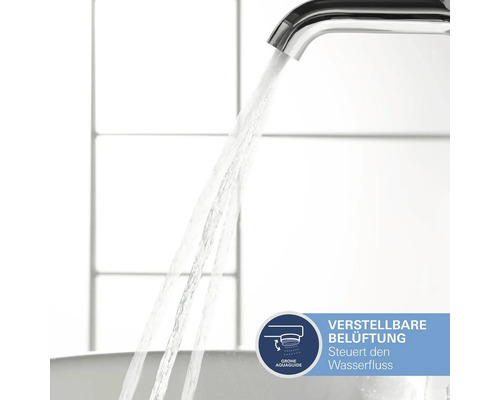 Wasserhahn mit Wasserstrahl und Hinweis auf verstellbare Belüftung zur Steuerung des Wasserflusses