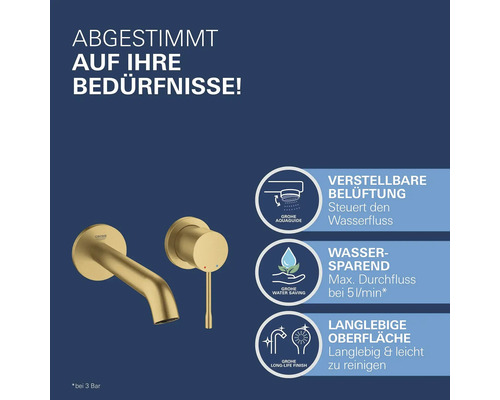 Robinet Grohe couleur or avec des caractéristiques concernant le débit d''eau, l''économie d''eau et la surface durable