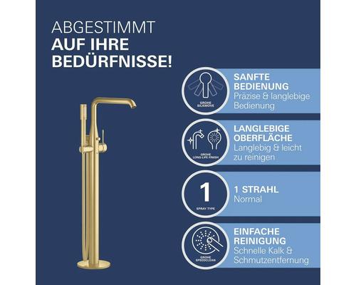 Robinet de baignoire autoportant doré avec douchette et informations sur le produit