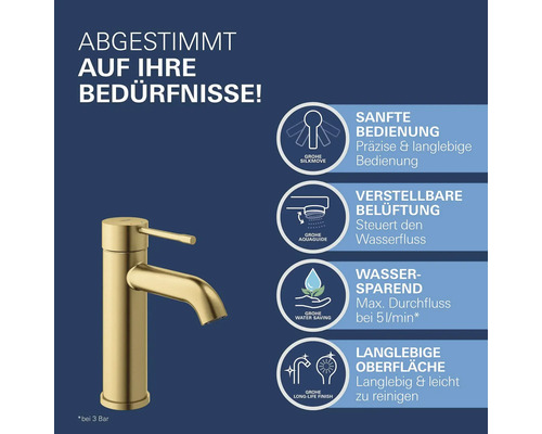 Robinet doré avec des indications sur les fonctions telles que la manipulation en douceur, l''aération réglable, la fonction d''économie d''eau et la surface durable