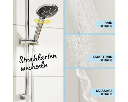 Ensemble de barre de douche avec différents types de jets : jet pluie, jet Smarttrain et jet massage