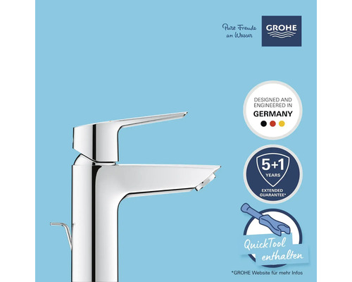 Robinet brillant avec logo Grohe et label de qualité et de garantie