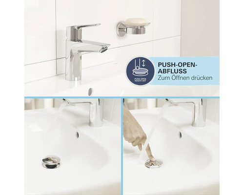 L''image montre un lavabo, un robinet, un porte-savon et une représentation du système de vidange push-open.