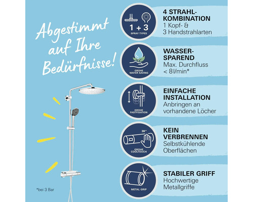 Système de douche avec douche de tête et douchette à main, différents types de jets et fonction d''économie d''eau