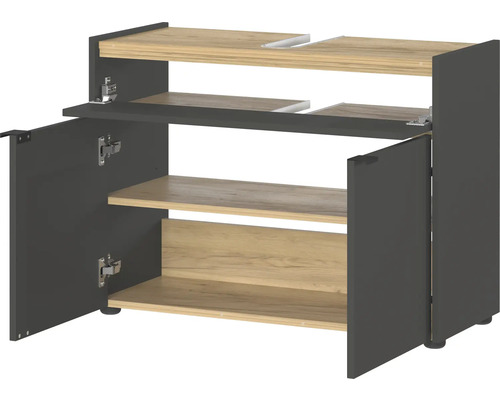 Meuble sous-vasque avec portes ouvertes et étagères