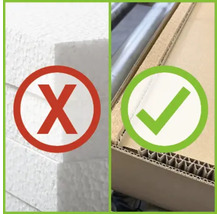 Comparaison du polystyrène et des emballages en carton avec des symboles pour correct et incorrect