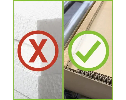 Comparaison du polystyrène et des emballages en carton avec des symboles pour correct et incorrect