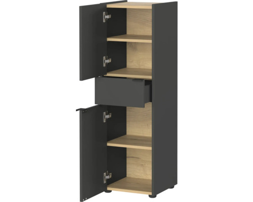 Armoire haute étroite avec deux portes, un tiroir et des étagères
