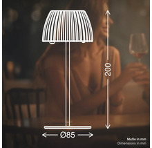 Illustration einer Tischleuchte mit den Maßen: Höhe 200 Millimeter, Durchmesser 85 Millimeter