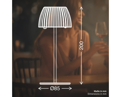 Illustration einer Tischleuchte mit den Maßen: Höhe 200 Millimeter, Durchmesser 85 Millimeter