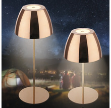 Zwei kabellose Tischleuchten mit Lampenschirm und rundem Sockel stehen im Freien vor einem Zelt.