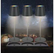 Drei Tischleuchten mit farbwechselndem Lichtschein auf einer Halterung