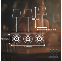 Technische Zeichnung einer dreiflammigen Tischleuchte mit den Maßangaben 420 mm Breite, 150 mm Höhe, 360 mm Höhe der Leuchten und 120 mm Durchmesser der Leuchtenfüße