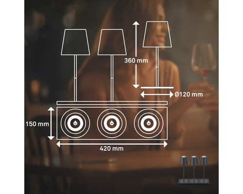 Technische Zeichnung einer dreiflammigen Tischleuchte mit den Maßangaben 420 mm Breite, 150 mm Höhe, 360 mm Höhe der Leuchten und 120 mm Durchmesser der Leuchtenfüße