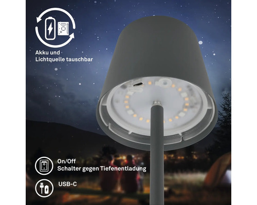 Tischleuchte mit Akku und austauschbarer Lichtquelle, Ein- und Ausschalter gegen Tiefenentladung, USB-C Anschluss