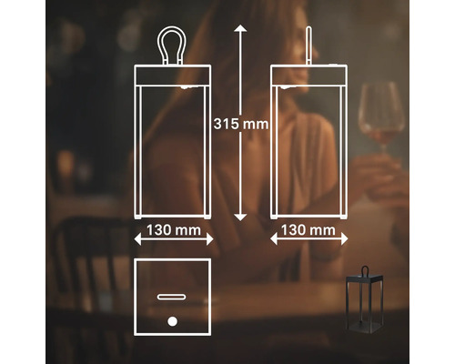 Technische Zeichnung einer Laterne mit den Massen 315 mm Höhe und 130 mm Breite.