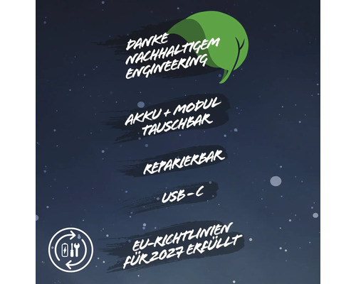 Produktmerkmale: Dank nachhaltigem Engineering, Akku und Modul austauschbar, reparierbar, USB-C Anschluss, EU-Richtlinien für 2027 erfüllt.