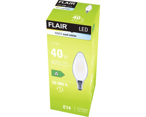 Emballage d'une lampe LED Flair C35/E14 avec 4000 Kelvin
