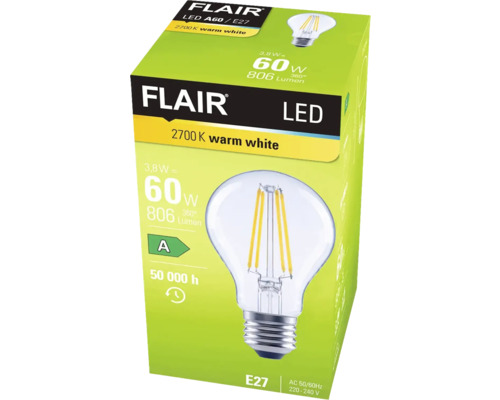 FLAIR LED Lampe A60 E27, warmweiss, auf Verpackung