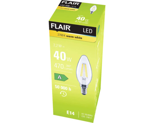 Emballage d'une ampoule LED Flair C35/E14 avec blanc chaud 2700 Kelvin