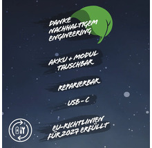 Hinweis auf nachhaltige Technik, austauschbaren Akku und Modul, Reparierbarkeit, USB-C-Anschluss und Erfüllung der EU-Richtlinien für 2027