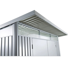 Vue détaillée d''un abri de jardin avec structure à lamelles