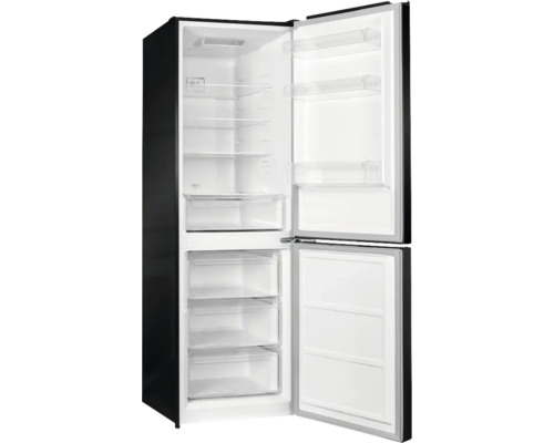 Réfrigérateur ouvert avec compartiment congélateur et étagères en verre